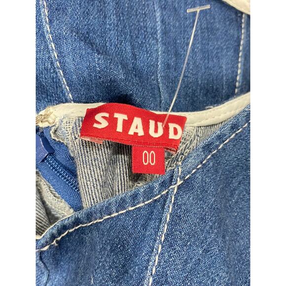 NEW / STAUD Wells Denim Fit Flare Skater Mini Dress 00 Medium Wash - Picture 2 of 8